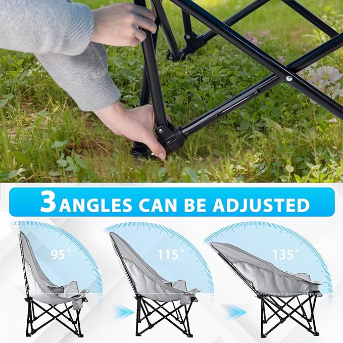 Outdoor Oversized Camping Chair, Heavy Duty Support 500 LBS for Adults, Portable Folding Wide Lawn Chair with Headrest Support and Cup Holder, Low Camping Chair for Fishing, Garden, Grey