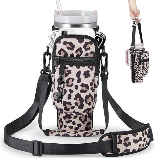 Water Bottle Carrier Bag with Phone Pocket for Stanley 40 & 30 oz Tumbler with Handle,Pink Insulated Neoprene Cup Holder Pouch w/Adjustable Strap for Quencher H2.0 Stanley Cup Accessories