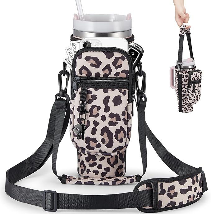 Water Bottle Carrier Bag with Phone Pocket for Stanley 40 & 30 oz Tumbler with Handle,Pink Insulated Neoprene Cup Holder Pouch w/Adjustable Strap for Quencher H2.0 Stanley Cup Accessories