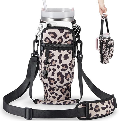 Water Bottle Carrier Bag with Phone Pocket for Stanley 40 & 30 oz Tumbler with Handle,Pink Insulated Neoprene Cup Holder Pouch w/Adjustable Strap for Quencher H2.0 Stanley Cup Accessories