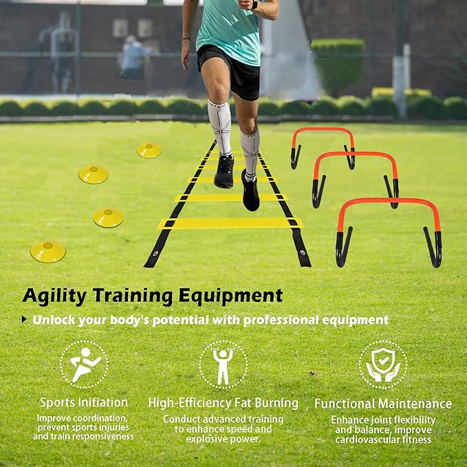 Soccer Training Equipment Set, Multifunctional Football Gear with 4 Adjustable Hurdles 9.8 feet 6 Rungs Agility Speed Ladder