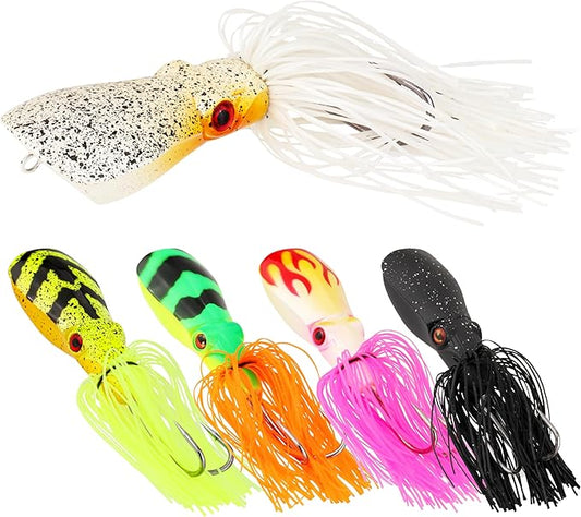 Floating Colorful Squid Fishing Lures – Topwater Baits with 3D Holographic Eyes & Treble Claw Hook, Realistic Soft Plastic Lures for Saltwater and Freshwater, 5PCS