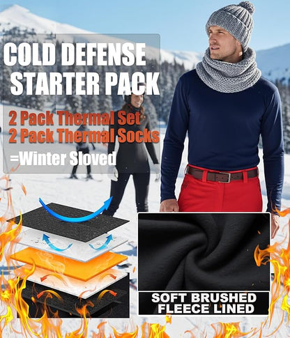 2 Pack Thermal Underwear Long Johns for Men Fleece Lined Base Layer Tops and Bottoms Set Cold Weather Winter Gear