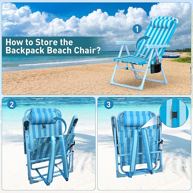 Suteck Backpack Beach Chairs for Adults 2 Pack, 6-Position Folding Reclining Chair with Cooler Bag & Cup Holder, Lightweight Portable Beach Chair for Camping, Outdoor, Sand, Travel Use