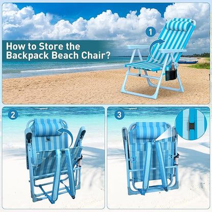 Suteck Backpack Beach Chairs for Adults 2 Pack, 6-Position Folding Reclining Chair with Cooler Bag & Cup Holder, Lightweight Portable Beach Chair for Camping, Outdoor, Sand, Travel Use