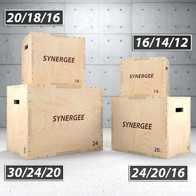 Synergee 3 in 1 Wood Plyometric Box for Jump Training and Conditioning. All in One Jump Trainer. Sizes 30/24/20, 24/20/16, 20/18/16, 16/14/12