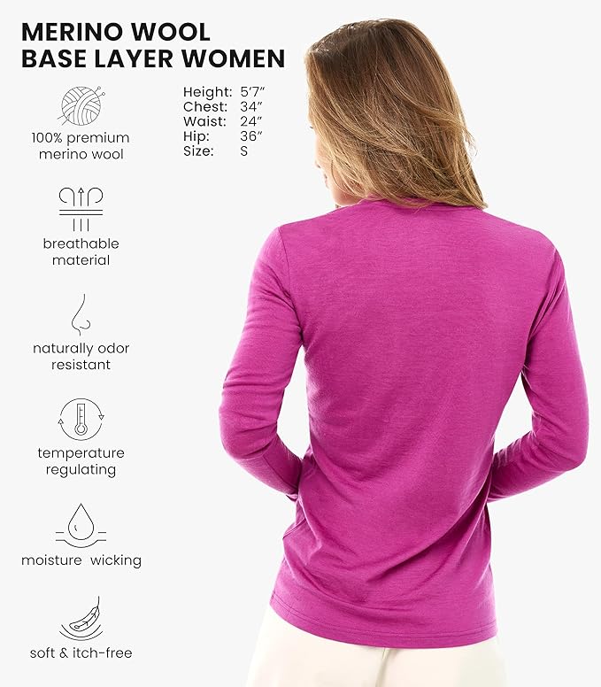 Merino Wool Base Layer Women - 100% Merino Wool Shirt Women Thermal Underwear Long Sleeve T-Shirt for Hiking