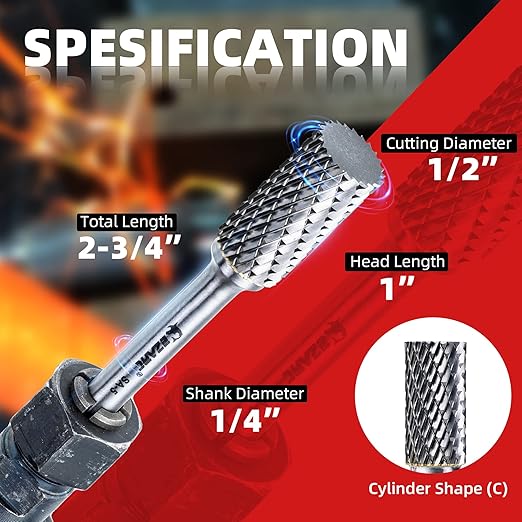 EZARC Tungsten Carbide Rotary Burr Bit, SA-5 Double Cut Carbide Burr 1/4" Shank Die Grinder Cutting Burrs Bit for Metal Working & Sturdy Storage Case