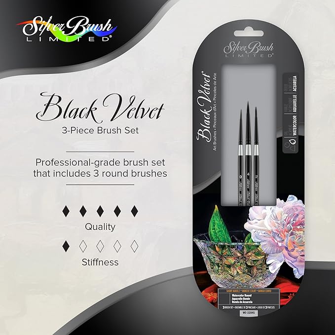 Silver Brush Limited WC-3204s Black Velvet Watercolor Round Set, Set of 3, Sizes 0, 2, and 4 Round Paintbrushes, Short Handle