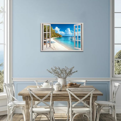 ANRUOXI Beach Wall Art, Window Frame Style Canvas Wall Decor Ocean, Blue Sea & Tropical Palm Tree Coasts Boats Canvas, Paradise Scenery Nature Landscape Painting for Living Room Office Home 24x36 Inch
