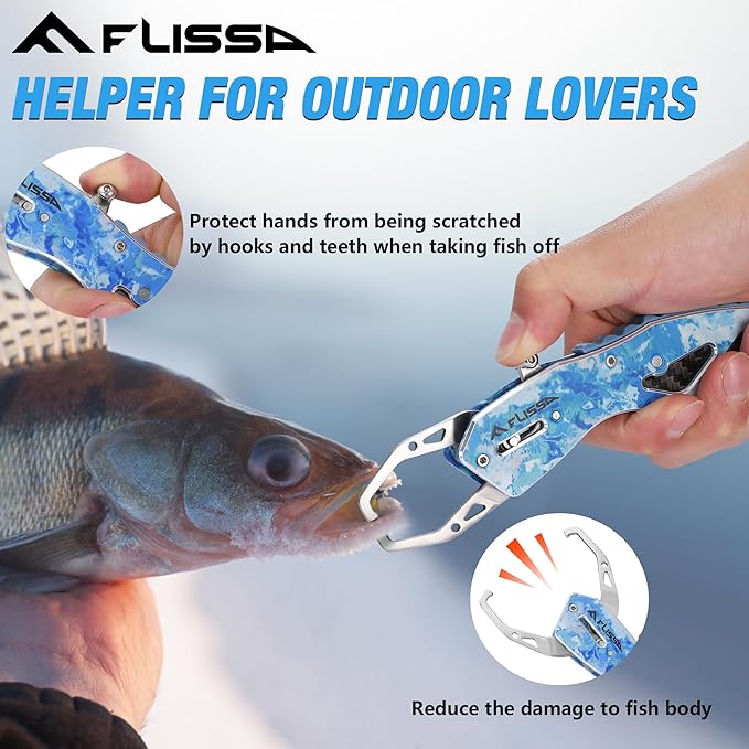 FLISSA Fish Gripper, Fish Lip Grip Tool with Carabiner and Spring Anti-Lost Rope, Durable Stainless Steel Fish Grabber Gripper, Lightweight Holder for Fishing, Corrosion Resistant & Portable
