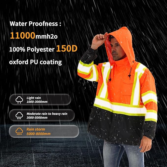 Reflective Rain jackets for men waterproof,Hi Vis Safety Coat With Reflective Strips，High Visibility Class 3 Rain jackets With 2 large pockets，Zipper,Orange,SM/MD