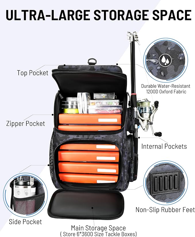 HowFly Fishing Backpack with Rod & Beverage Holders, Lightweight Fishing Tackle Bag Storage, Mens Waterproof Tactical Backpack for Fishing Gear