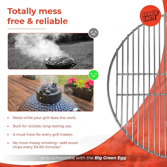 Stainless Steel Grate designed to work with the Smokin’ Chute System. Fits Large Big Green Egg and other 18” diameter grill grates.