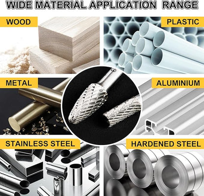 Carbide Burr Set, 1/4" Shank 8PC Double Cut Die Grinder Rotary Tool Cutting Burrs Set for Metal and Wood Working Carving, Engraving, Polishing, Grinding with Portable Round Storage Case