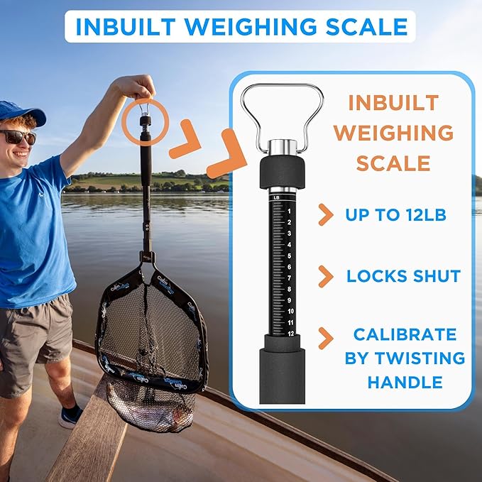 3in1 Floating Fishing Net with inbuilt Weighing Scale & Ruler for Kayak, Fly, Bass, Trout, Salmon, Steelhead Fishing, Rubber Coated Landing net for Catch & Release, Lightweight & Folding