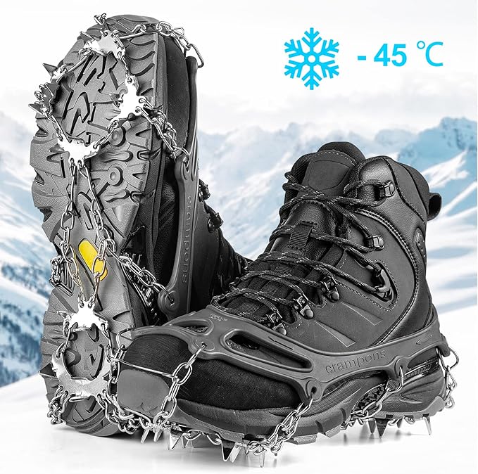Crampons Ice Cleats Traction Snow Grips for Boots Shoes Women Men Anti Slip 19 Stainless Steel Spikes Safe Protect for Hiking Fishing Walking Climbing Mountaineering