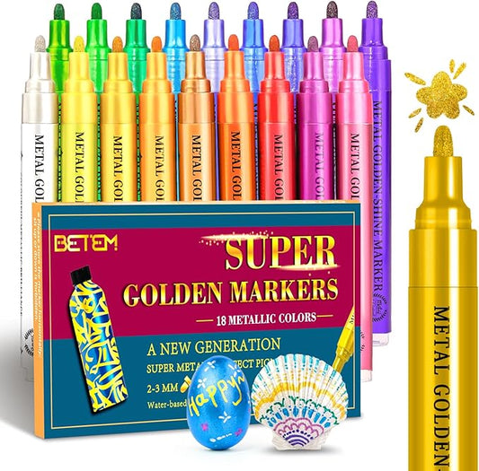 Betem Super Golden Metallic Paint Markers, 18 Colors Metallic Paint Pen Scrapbook Supplies, 2-3mm Medium Tips Glitter Markers for Black Paper, Albums, Rock Painting, Cards, Ceramic, Wood, DIY Crafts
