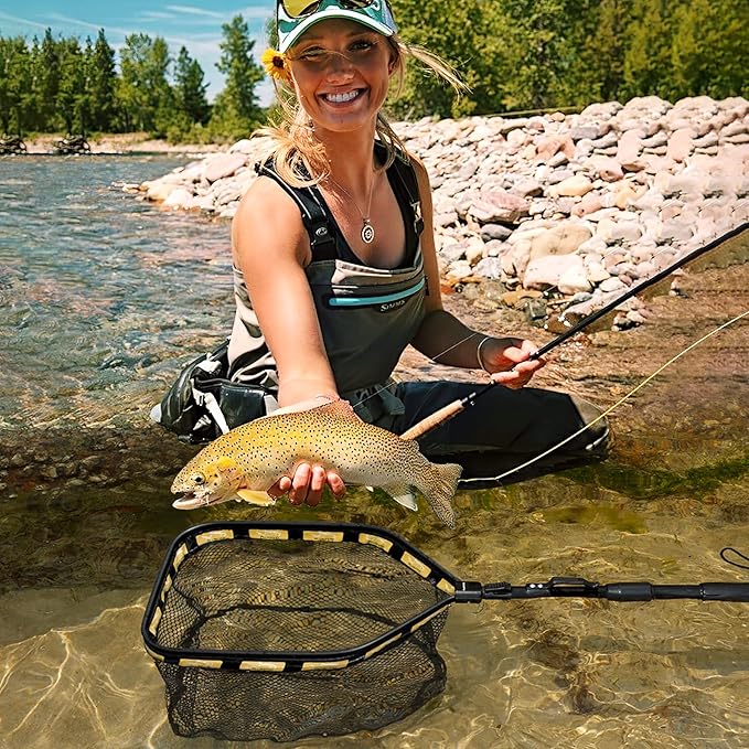 PLUSINNO Floating Fishing Net for Steelhead, Salmon, Fly, Kayak, Catfish, Bass, Trout Fishing, Rubber Coated Landing Net for Easy Catch & Release, Compact & Foldable for Easy Transportation & Storage