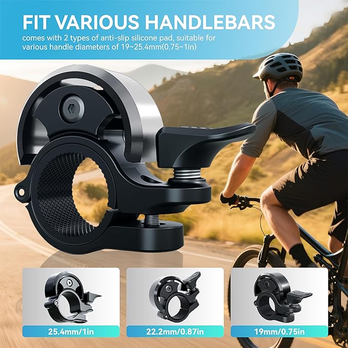 Greallthy Bike Bell, Aluminum Alloy Bicycle Bell with Clear Loud Sound, Bike Bells for Adults and Kids, Sturdy and Compact Bell Fits 0.75-1in(19-25.4mm) Handlebar for Mountain, Road Bikes.