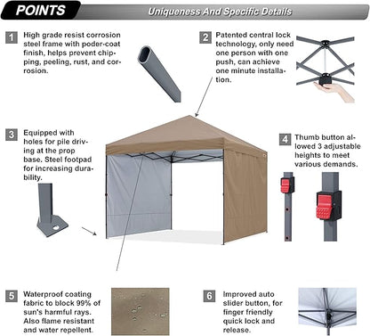 ABCCANOPY Easy Pop up Canopy Tent with 2 Sidewalls for Outdoor Sun Blocking or Rain Protection,10x10,Khaki