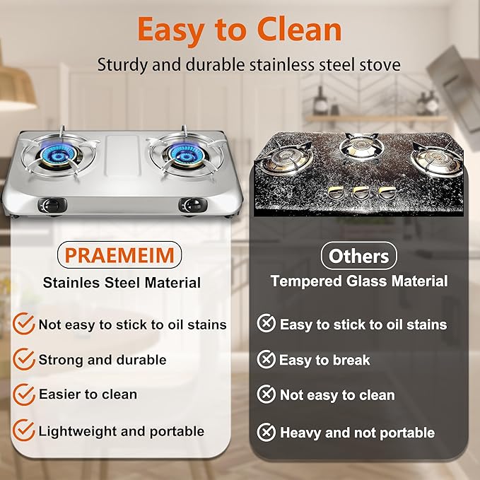 Propane Stove 2 Burner Gas Stove Top, 27200 BTU High-Efficiency LPG Metal Cooktop With Auto Ignition, CSA Regulator and Hose, Perfect for Outdoor Kitchen, Camping, RV & Emergency Cooking