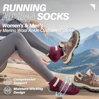 6 Pairs Merino Wool Ankle Running Hiking Socks Compression Support Breathable Thick Cushion No Show Socks for Women Men