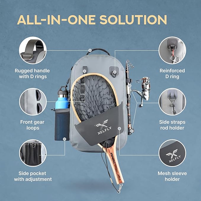Waterproof Fishing Backpack with Rod Holder, Inflatable Air Valve, Gear Loops, Submersible Zipper