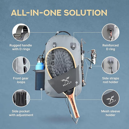 Waterproof Fishing Backpack with Rod Holder, Inflatable Air Valve, Gear Loops, Submersible Zipper