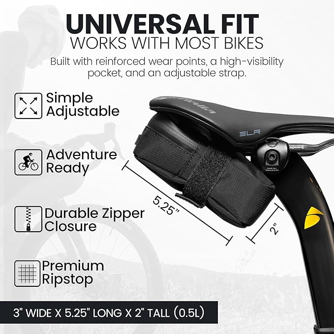 ALMSTHRE Signature Bike Saddle Bag – Midnight Black | 0.5L Bike Seat Bag (3" x 5.25" x 2") | Water-Resistant Ripstop, Waterproof Zipper, Internal Pocket | Durable Under Seat Storage