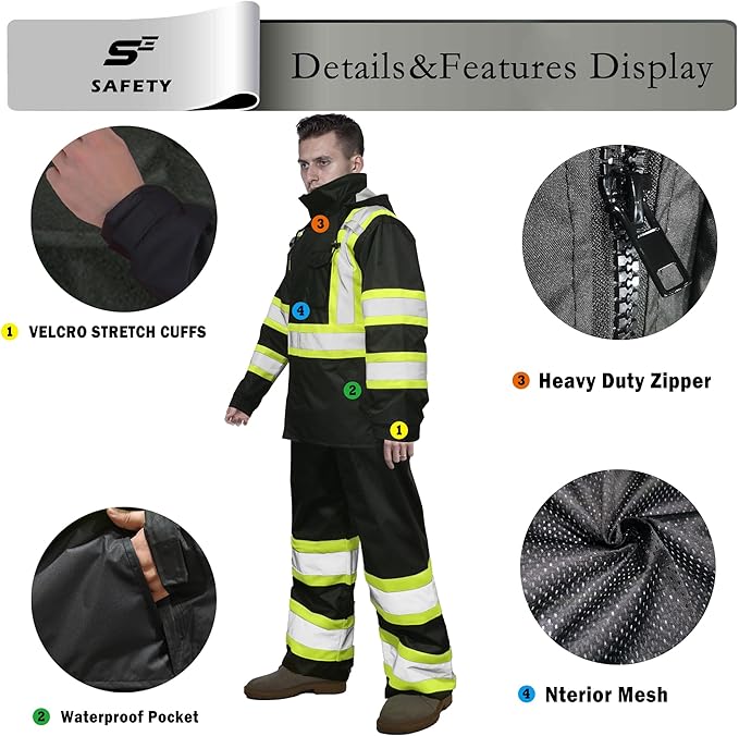 sesafety Hi Vis Rain Jacket, Rain Suits for Men Waterproof withBlack Bottom, Rain Coats for Men Interior Mesh, Class 3 HighVisibility Rain Gear,Removable Hood