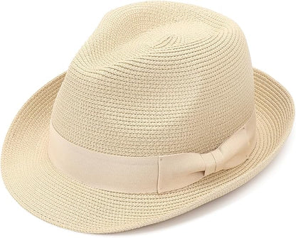 DRESHOW Women Straw Sun Hat Short Brim Panama Travel Fedora Beach Cap Roll up Summer Hat for Women Men UPF 50+