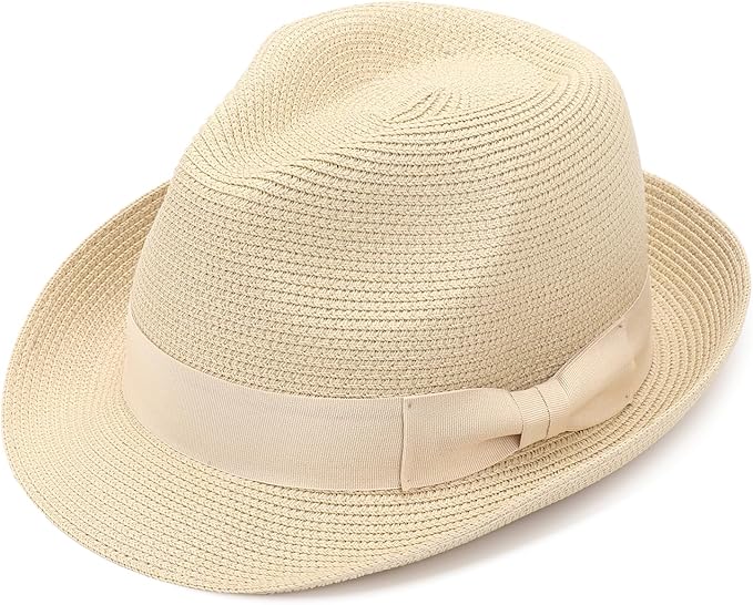 DRESHOW Women Straw Sun Hat Short Brim Panama Travel Fedora Beach Cap Roll up Summer Hat for Women Men UPF 50+