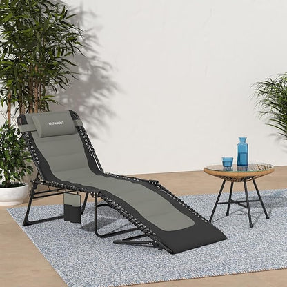 Outdoor Folding Lounge Chair Padded for Adults 264Ibs Patio Chaise Lounge Chair for Outside 5-Position Adjustable Reclining Beach Chair with Pillow Pocket