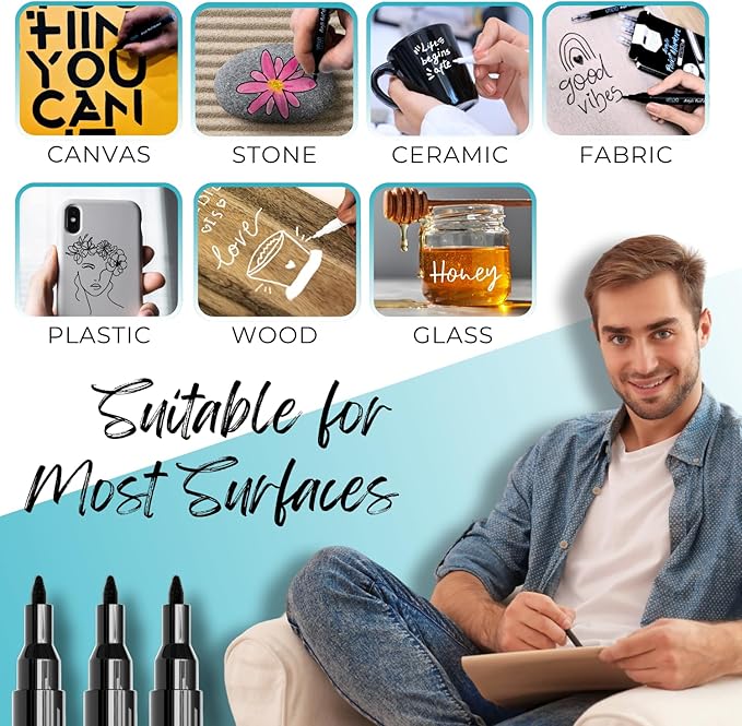 Utillo Craft (8-Pack BlackPaint Pens | Extra Fine Tip Made in Japan | Bold Color+100% Coverage on Rock, Wood, Glass, Paper, Plastic, Metal, Canvas, Fabric | 0.7mm Black Acrylic Paint Markers