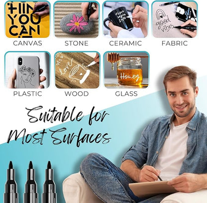 Utillo Craft (8-Pack BlackPaint Pens | Extra Fine Tip Made in Japan | Bold Color+100% Coverage on Rock, Wood, Glass, Paper, Plastic, Metal, Canvas, Fabric | 0.7mm Black Acrylic Paint Markers