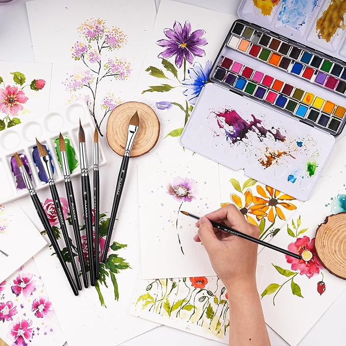 Watercolour Brushes Set, Fuumuui 7PCS Professional Kolinsky Sable Paint Brush with Patented Extended Points Design, Round, Flat, Oval, Mop for Fine Detail, Gouache, Ink, Watercolour Painting