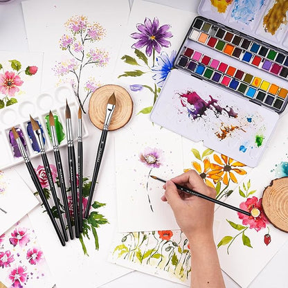 Watercolour Brushes Set, Fuumuui 7PCS Professional Kolinsky Sable Paint Brush with Patented Extended Points Design, Round, Flat, Oval, Mop for Fine Detail, Gouache, Ink, Watercolour Painting