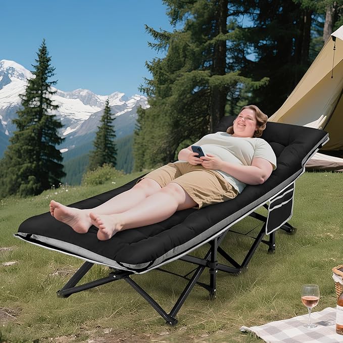 Portable Camping Cot, Sleeping Cots for Adults, 28" Extra Wide Heavy Duty Folding Cot Max Load 600LBS with Thick Mattress, Portable Camping Bed for Outdoor Camp/Office, Home Nap (Black)