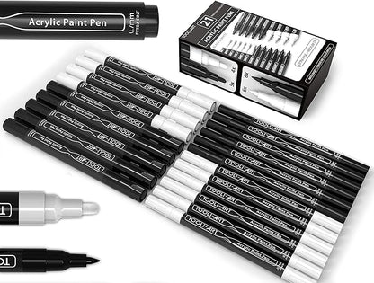 TOOLI-ART Black And White Acrylic Paint Markers Paint Pens Set For Rock Painting, Canvas, Mugs, Metal, Glass Paint, Fabric, Wood, DIY. Non Toxic, Quick Dry,Waterbas (EXTRA FINE & MEDIUM)