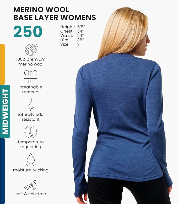 Merino.tech Merino Wool Base Layer Women - 100% Merino Wool Heavyweight, Midweight, Lite Long Sleeve Thermal Shirt and Socks