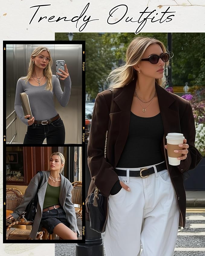 Riyiper 3 Pack Women's Thermal Long Sleeve Shirts, Fleece Scoop Neck Fitted Top Stretchy Thumb Holes Undershirt Baselayer Tee