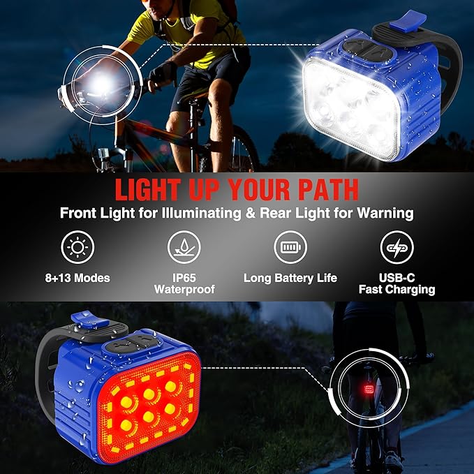 WORKPRO Bike Lights Set [8+13 Modes], Rechargeable Bicycle Light Set Ultra Bright, IP65 Waterproof Bike Lights for Night Riding, 1200mAh Bike Headlight and Tail Light Reflectors