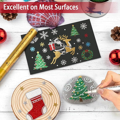Betem Super Golden Metallic Paint Markers, 12 Colors Metallic Paint Pen Scrapbook Supplies, 2-3mm Medium Tips Glitter Markers for Black Paper, Rock Painting, Ceramic, Wood, Christmas Gifts DIY Crafts