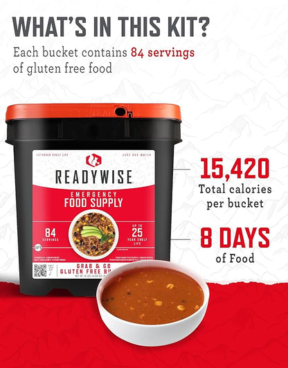 ReadyWise Emergency Food Supply - 84 Servings Gluten Free Survival Food Bucket, Dehydrated Meals & Freeze Dried Food for Backpacking, Camping Essentials & Emergency Supplies, up to 25 Year Shelf Life