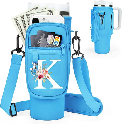Initial Water Bottle Holder with Strap for Stanley 40 oz Tumbler/Simple Modern 40 oz Tumbler,Water Bottle Carrier Bag with Strap,Personalized A-Z Phone Pocket for Stanley Cup Accessories