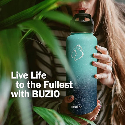 BUZIO 40 oz Water Bottle Insulated with Straw & 3 lid and Carrying Pouch, Leak Proof Anti-Slip Stainless Steel Water Flask Jug, Cold for 48 Hrs Double Vacuum Thermo Canteen, BPA-Free, Starry Pacific
