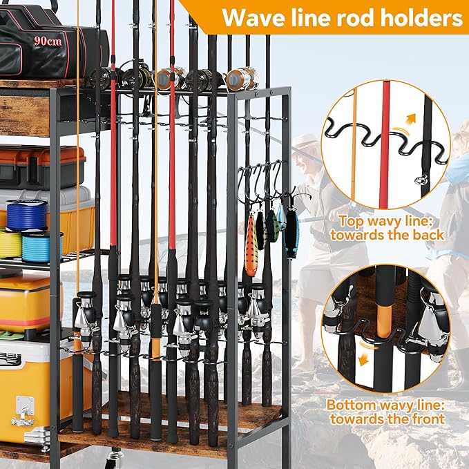 Homeiju Fishing Rod Holder, Fishing Pole Holders for Garage Boat Fishing Gear Storage with Drawer and Wheels, Holds 16 fishing rods for Home Entryway Corner,Rustic Brown