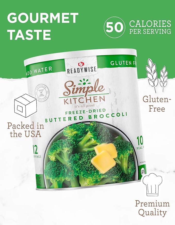 Simple Kitchen Freeze Dried Buttered Broccoli – 12 Servings for Family Meal Prep, Canned Broccoli, Gluten Free & Dehydrated Camping Meals, Emergency Survival Food for Backpacking & Hiking, #10 Can