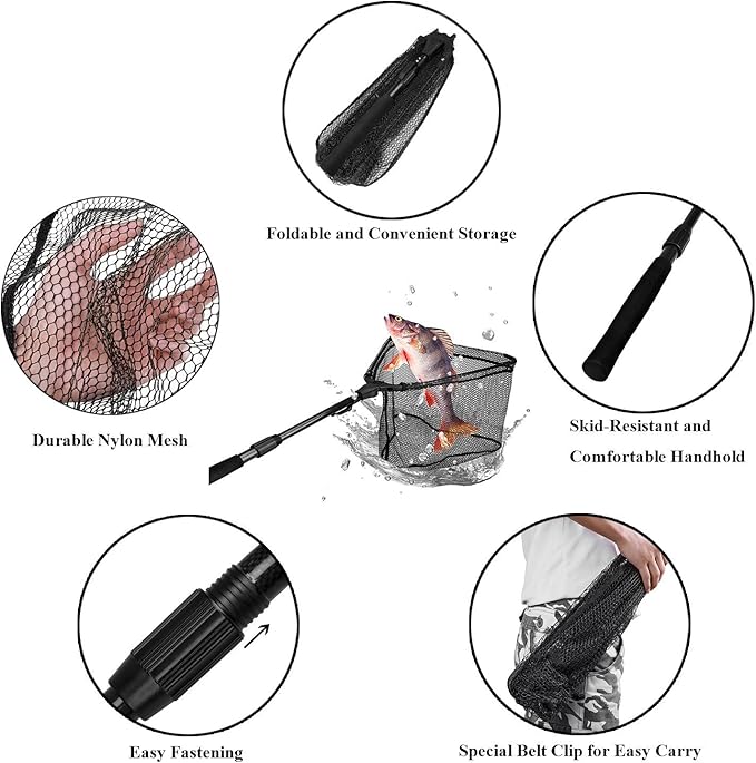 PLUSINNO Fishing Net Fish Landing Net, Foldable Collapsible Telescopic Pole Handle, Durable Nylon Material Mesh, Safe Fish Catching or Releasing
